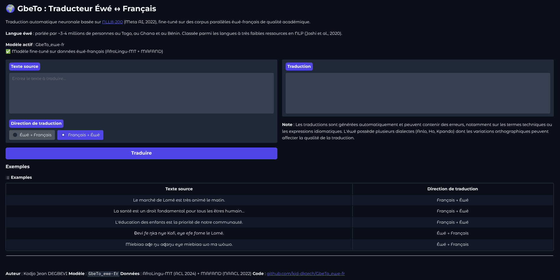 Interface de démonstration du modèle GbeTo de traduction Ewé ↔ Français sur HuggingFace Spaces